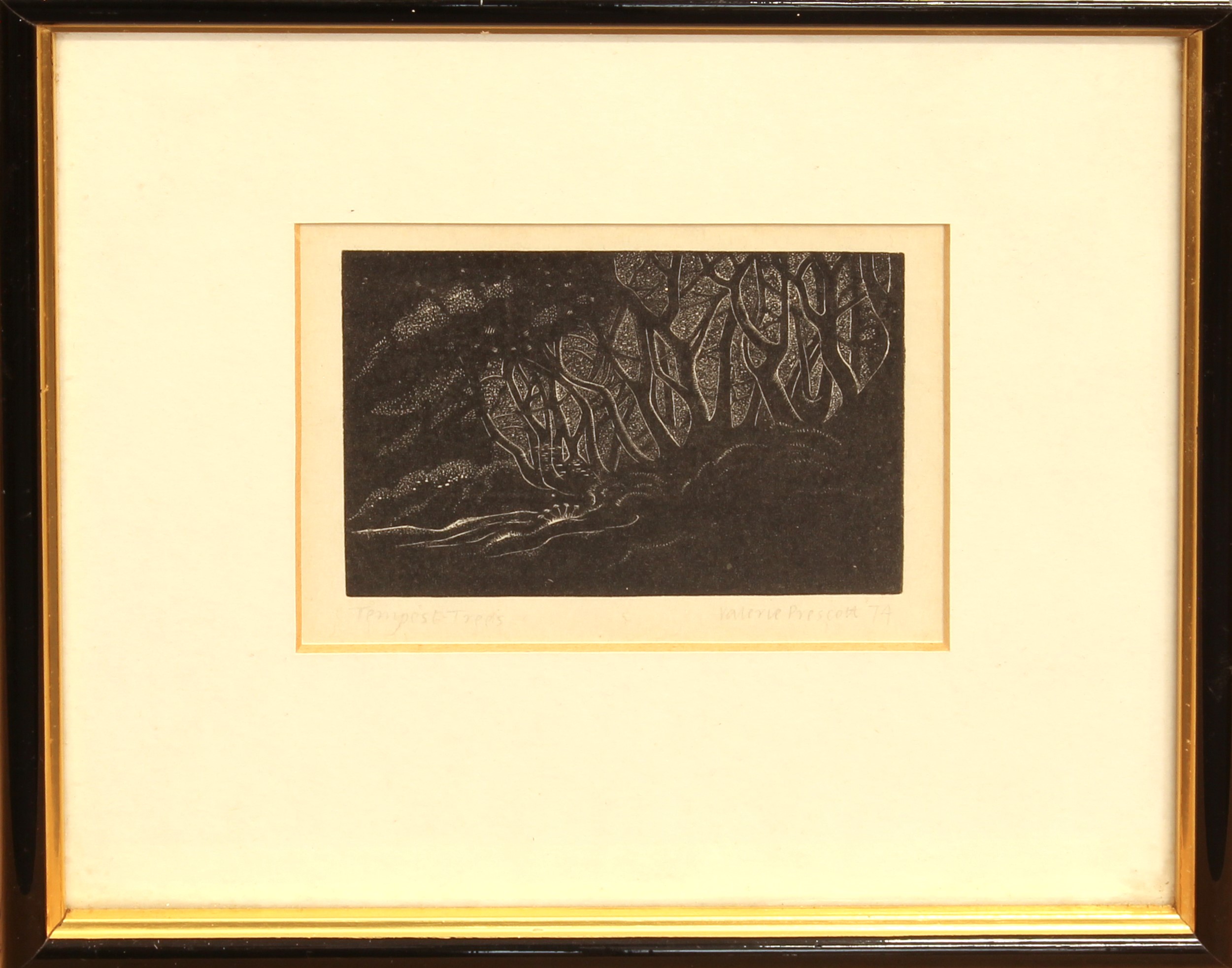 Valerie Bond (nee Prescott) 'Tempest Trees' wood engraving, signed and titled to lower margin 8.6