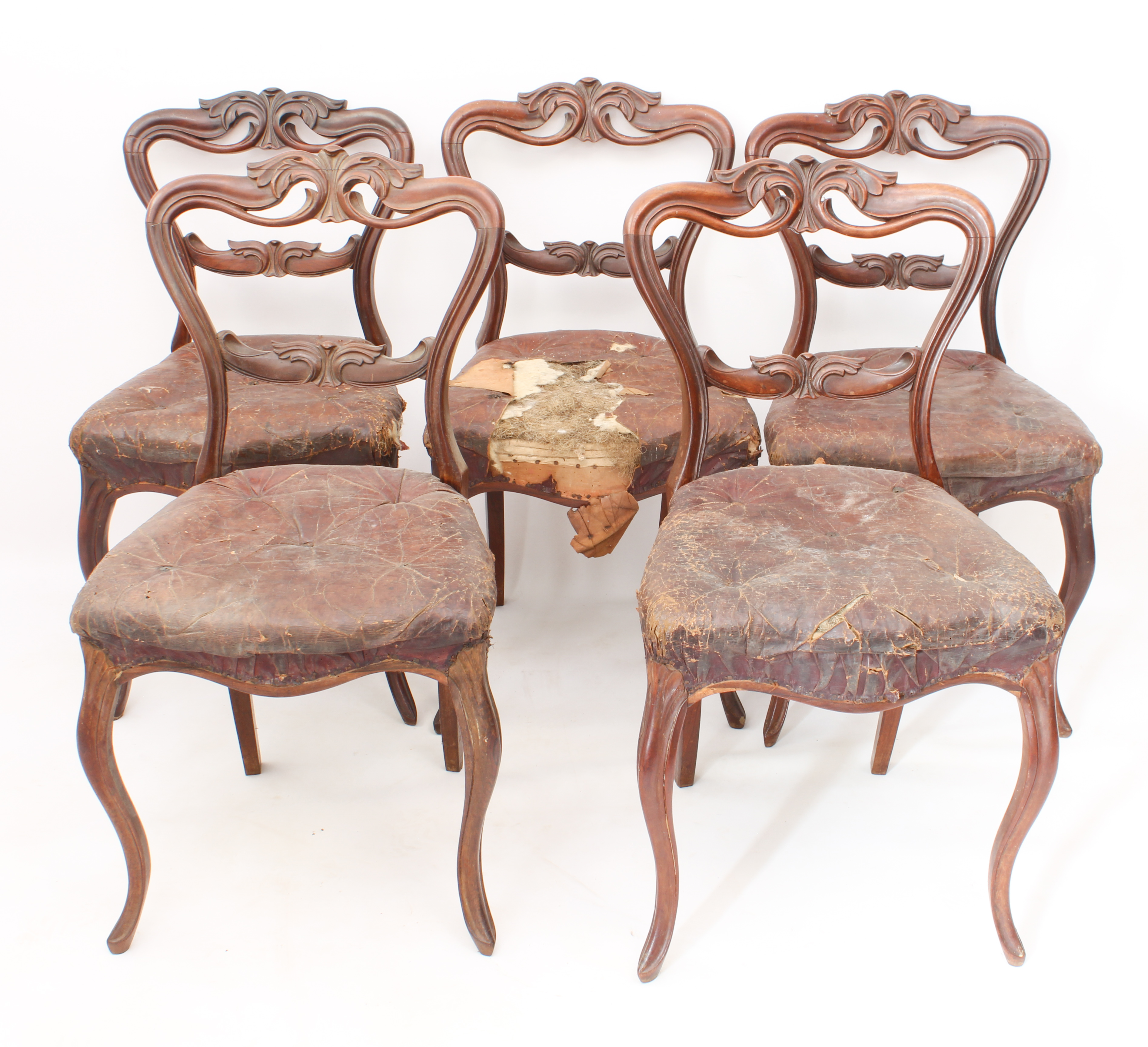 A set of five mid-19th century carved walnut and leather balloon back dining chairs - with foliate - Image 2 of 4