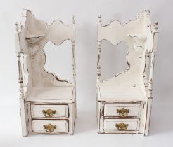 A pair of shabby chic painted mahogany hanging corner shelves - each with two drawers with gilt