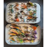 A small quantity of trout fly fishing equipment - contained in a canvas and leather fishing bag,