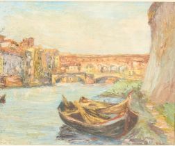 A. Shepherd (British, mid-20th century) Gondolas moored on a canal close to the Ponte Vecchio  oil