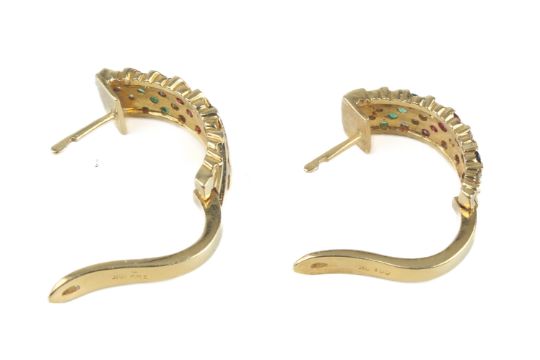 A pair of 18ct gold and multi-gem half-hoop earrings - stamped '750' and '18K', the reeded half- - Image 3 of 3