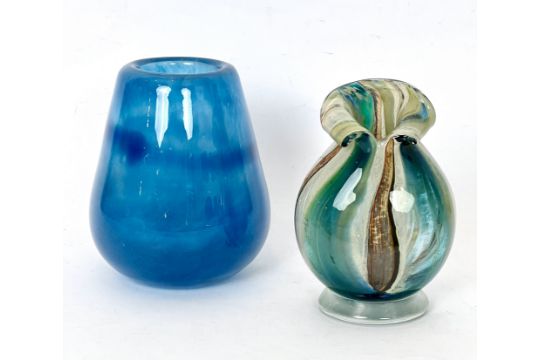 Six pieces of post-war art glass, comprising - 1. A 'magma' style blue and orange flattened bottle - Image 5 of 6