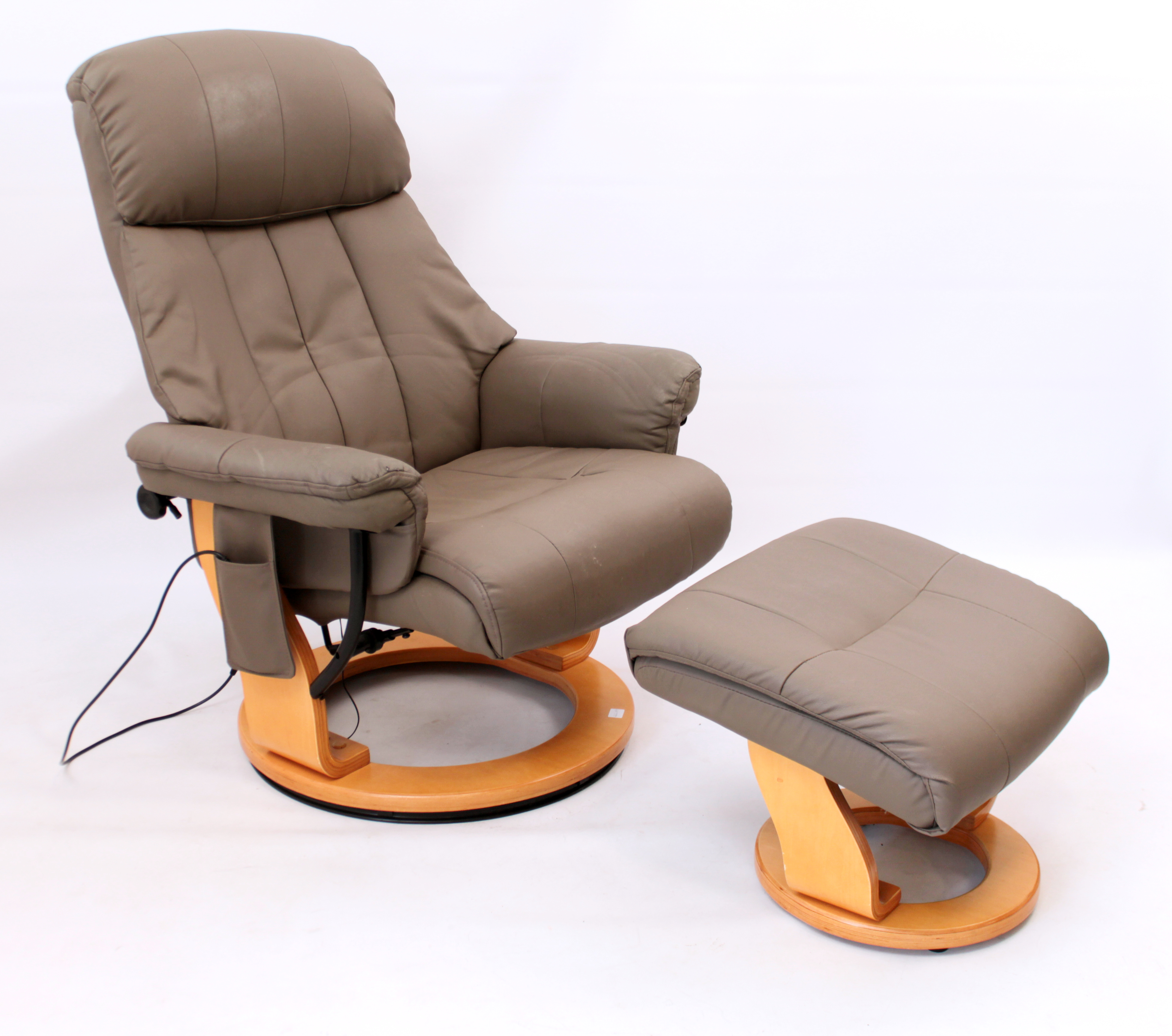 A mushroom-grey faux-leather Stressless-style chair and matching stool - with electric massage