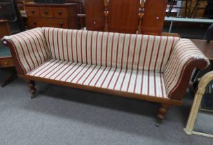 19TH CENTURY MAHOGANY ROLL ARM SETTEE ON TURNED SUPPORTS