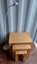 NEST OF 3 OAK TABLES & ADJUSTABLE STANDARD LAMP