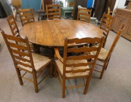 19TH CENTURY YEW WOOD GATE LEG DINING TABLE ON TURNED SUPPORTS & SET OF 8 YEW WOOD LADDER BACK
