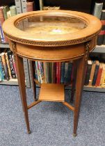 LATE 19TH CENTURY MAHOGANY CIRCULAR BIJOUTERIE TABLE WITH METAL MOUNTS 72CM TALL