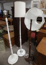 PAIR OF PAINTED STANDARD LAMPS WITH TURNED COLUMNS ON CIRCULAR BASES & 1 OTHER SIMILAR MAHOGANY