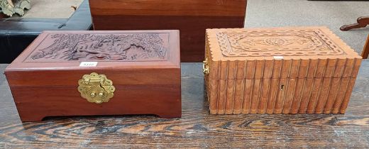 EASTERN CARVED HARDWOOD GAMES BOX & CARVED HARDWOOD JEWELLERY BOX.