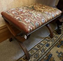 LATE 19TH CENTURY MAHOGANY X-FRAMED TAPESTRY TOP STOOL.