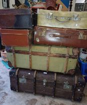 2 WOOD BOUND CANVAS TRUNKS & 4 SUITCASES