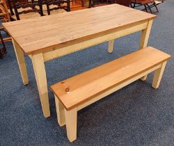 PINE KITCHEN TABLE WITH PAINTED SUPPORTS & MATCHING BENCH - TABLE LENGTH 153CM