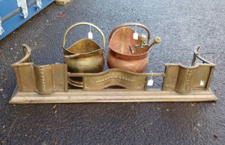 SET OF 3 BRASS FIRE IRONS AND ONE BRASS AND ONE COPPER COAL SCUTTLE AND BRASS FENDER