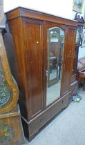 19TH CENTURY INLAID MAHOGANY MIRROR DOOR WARDROBE ON BASE OF SINGLE DRAWER.