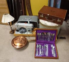 COPPER BED WARMER, JONES ACADEX SEWING MACHINE, MAHOGANY CASE AND CONTENTS OF CUTLERY,