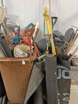 2 BINS CONTAINING VARIOUS GARDEN TOOLS SUCH AS ELECTRIC TRIMMERS, HOES, RAKES, LEVELS,