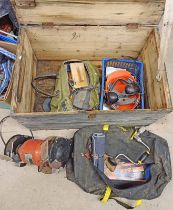 LARGE WOODEN CRATE WITH CONTENTS OF VARIOUS TOOLS TO INCLUDE BENCH GRINDER, SAWS, BITS/AWLS,