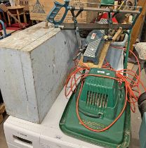 TOOLS TO INCLUDE ELECTRIC MOWER, JOINERS WOODEN BOX, MITRE SAW, HAMMERS, SAW,