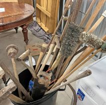 SELECTION OF VARIOUS GARDEN TOOLS TO INCLUDE PICK AXE, BRUSHES, SAWS,