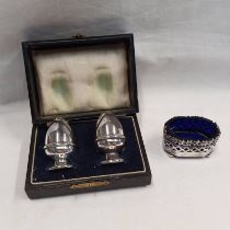 CASED PAIR OF SILVER EGG SHAPED CRUETS,