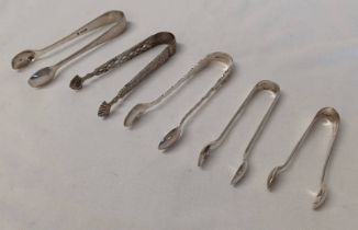 5 VARIOUS SILVER SUGAR TONGS - 110G