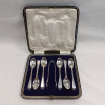 CASED SET OF 6 SILVER TEASPOONS & MATCHING SUGAR TONGS,