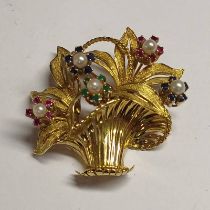 18CT GOLD GIARDINETTO PEARL & GEM SET BROOCH SET WITH FLORAL CLUSTERS OF PEARLS & EMERALDS,