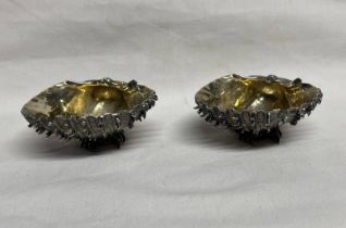 PAIR OF CONTINENTAL SILVER NOVELTY SHELL SALTS WITH CRAB FEET & GILDED INTERIORS,
