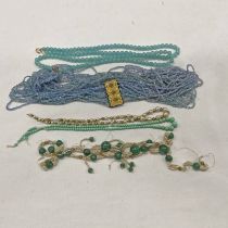 SEED PEARL & GREEN HARDSTONE FRINGE NECKLACE - REQUIRES TO BE RESTRUNG, PAIR OF BEAD NECKLACES,