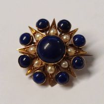 MID 19TH CENTURY YELLOW METAL STARBURST BROOCH SET WITH HALF PEARLS & LAPIS LAZULI - 2.