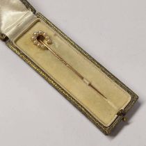 19TH CENTURY GOLD HALF PEARL HORSESHOE STICK PIN IN JOHN HALL & CO BOX