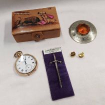 ZENITH OPENFACE GOLD PLATED POCKETWATCH, THISTLE ENGRAVED PLAID BROOCH,