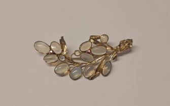 EARLY 20TH CENTURY SILVER SPRAY BROOCH SET WITH MOONSTONES & RUBIES - 6.