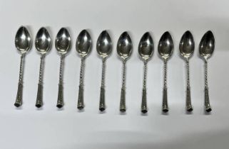 SET OF 10 X 800 SILVER TEASPOONS WITH DECORATIVE HANDLES - 155G