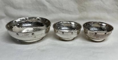 MATCHED SET OF 3 ARTS & CRAFTS SILVER BOWLS WITH HAMMER EFFECT DECORATION BY BARKER BROTHERS