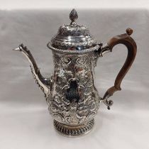 GEORGE III SILVER COFFEE POT WITH EMBOSSED DECORATION BY I.D.