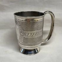 VICTORIAN SILVER MUG WITH ENGRAVED DECORATION BY JAMES EDWARD BARRY,