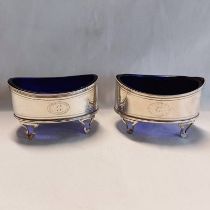 PAIR OF GEORGE III SILVER OVAL SALTS ON 4 PIERCED SUPPORTS WITH BLUE GLASS LINERS BY HAMPSTON,