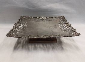 SILVER SQUARE PEDESTAL DISH WITH PIERCED GRAPE VINE DECORATION, SHEFFIELD 1936 - 21.