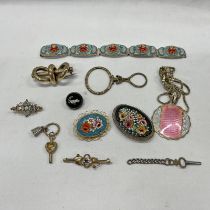SELECTION OF VARIOUS MOSAIC BROOCHES, ENAMEL PENDANT, 19TH CENTURY GILT METAL MAGNIFYING GLASS,
