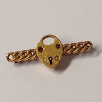 15CT GOLD PEARL & RUBY SET PADLOCK BROOCH - 3.3 G, 3.