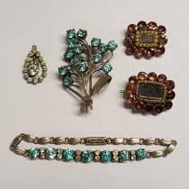 2 X 19TH CENTURY GARNET SET MOURNING BROOCHES, SILVER ZIRCON & PASTE BRACELET,