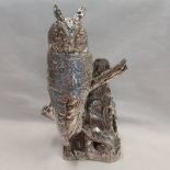 SILVER MODEL OF A LONG EARED OWL STANDING ON A BRANCH, LONDON 1989 - 22.