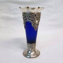 SILVER MOUNTED BLUE GLASS TAPERING VASE WITH PIERCED DECORATION,