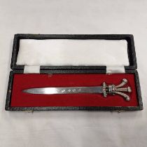 CASED SILVER PRINCE OF WALES PAPER KNIFE BY PARKIN SILVERSMITHS,