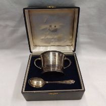 INDIAN SILVER 2 - HANDLED CUP & SPOON SET BY HAMILTON & CO,