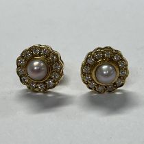 PAIR OF 18CT GOLD PEARL & DIAMOND CLUSTER EARSTUDS, THE DIAMONDS APPROX. 0.