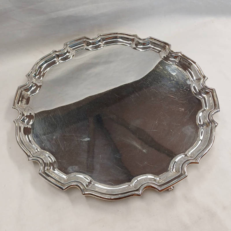 LARGE SILVER SALVER ON SCROLL SUPPORTS, BIRMINGHAM 1969 - 31CM DIAMETER,