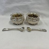 PAIR OF GEORGE III SILVER SALTS WITH FOLIATE EMBOSSED DECORATION,